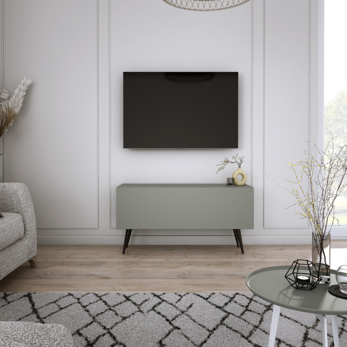 TV-SCHRANK : Aloe, 100 x 52 x 32 cm, schwarze Beine - Schwarz/Grün, Holzwerkstoff/Metall (100/52/32cm) - 3XE LIVING