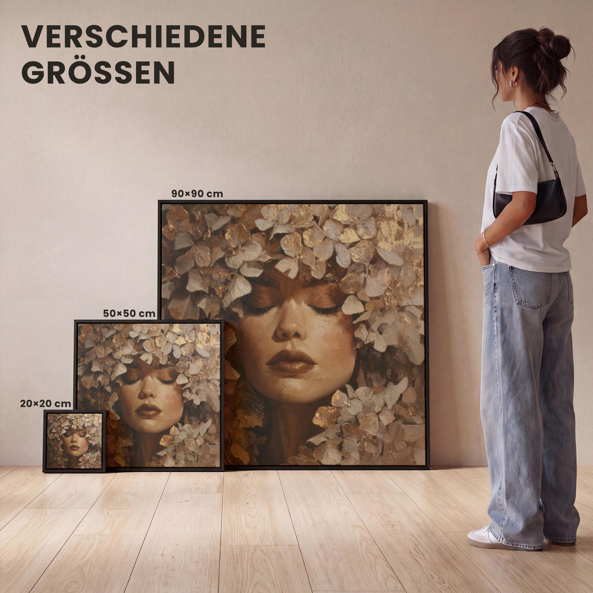 LEINWAND Bilder mit Rahmen - Gesicht - Dame - Blätter - Pinselstriche - 90x90 - Goldfarben, Textil (90/90cm) - MuchoWow