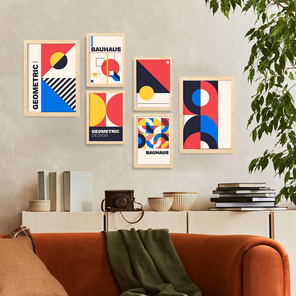 POSTER Set Mit 6 Drucken Im Bauhaus 5 Geometrische Designkollektion Drucke Mit Ästhetische Dekorative Für Zuhause A3 & A4 Rahmen Aus Hellem Holz - Beige, Papier (29/3cm) - Nacnic