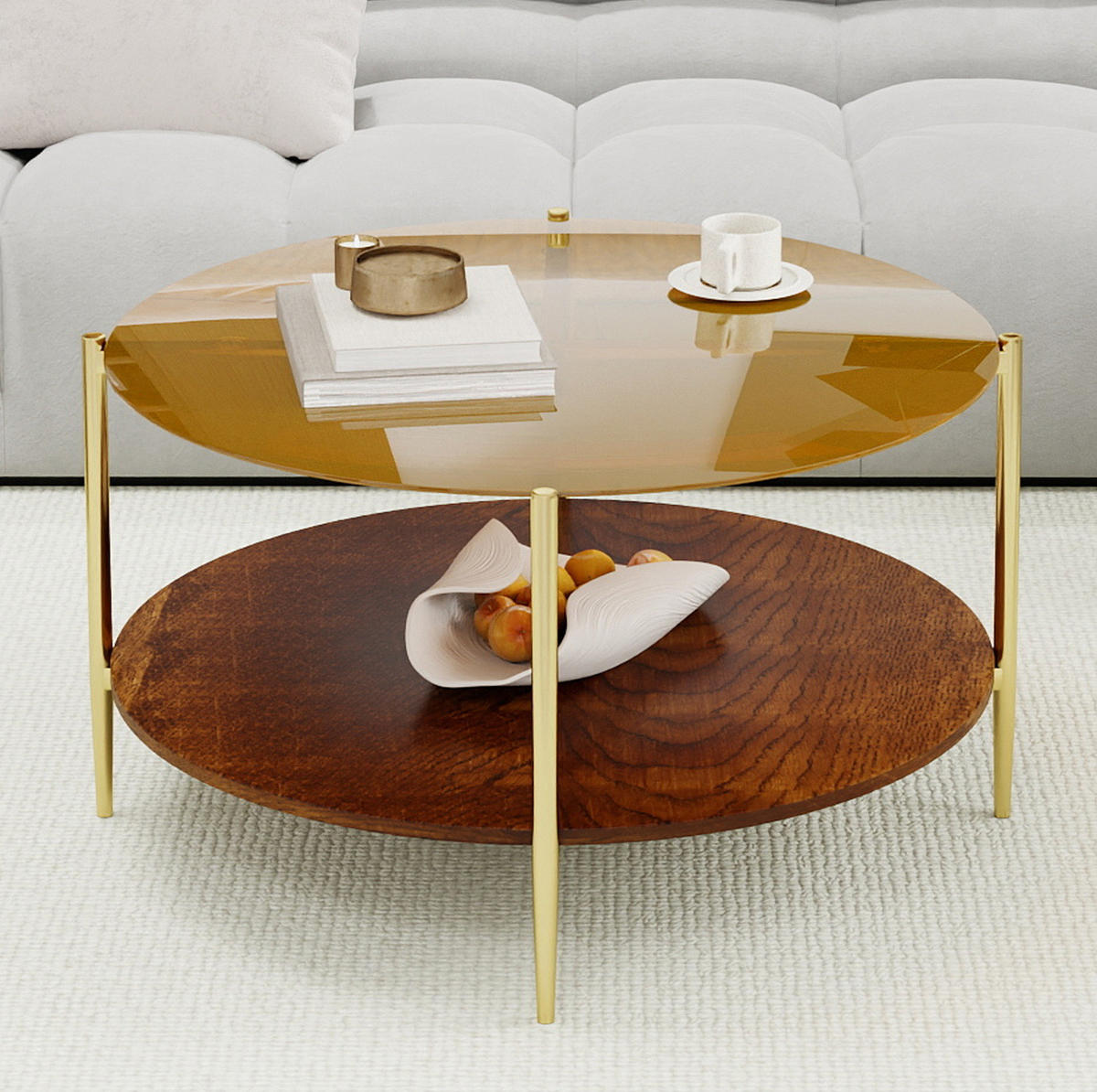 COUCHTISCH aus gehärtetem Glas, Metall und Holz Ø82x45 cm Gold mit Ablagefläche - Goldfarben, Glas (82/82/45cm) - IVMEU