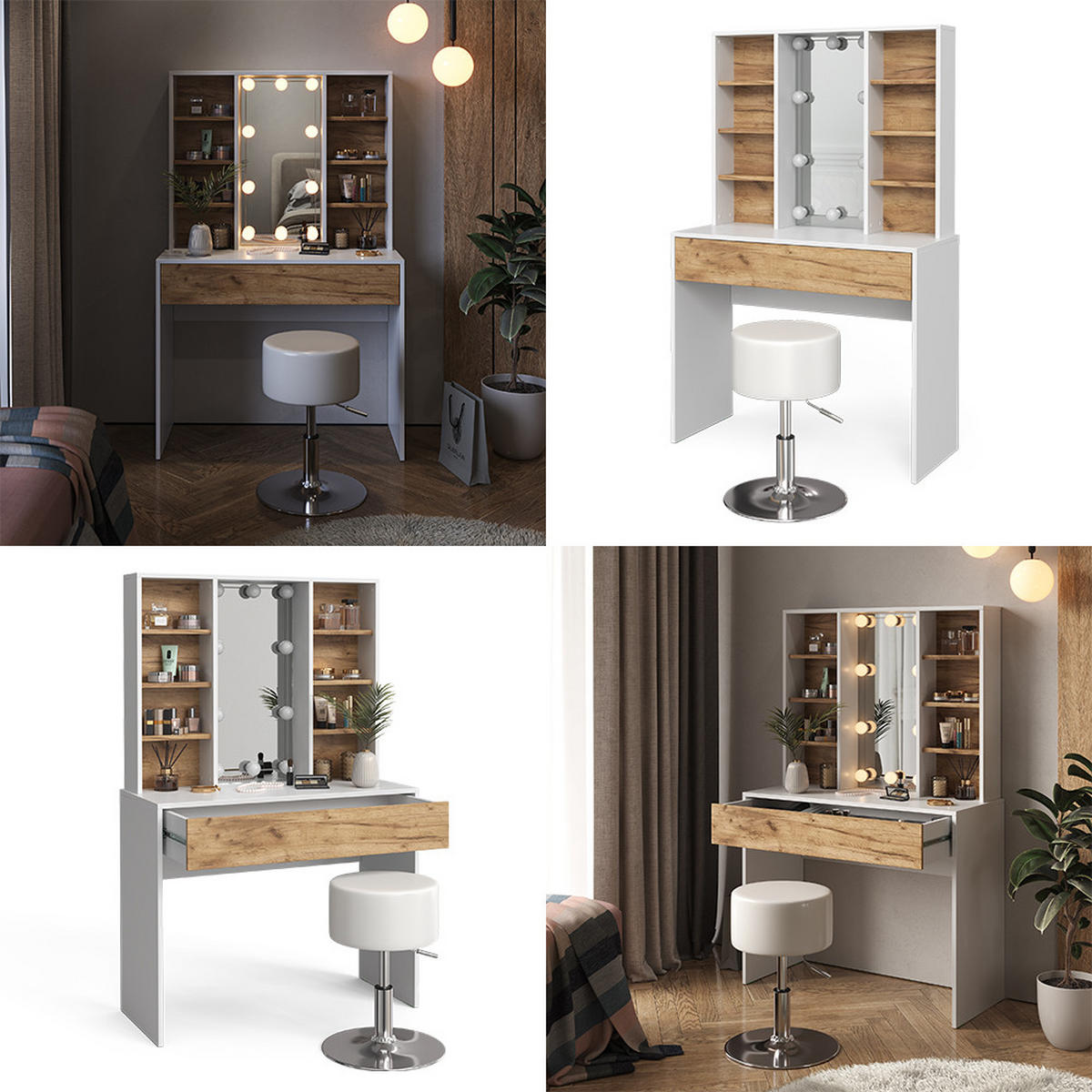 SCHMINKTISCH Alexa Goldkraft Eiche/Weiß 93 cm mit LED Beleuchtung und Hocker - Honigeiche/Weiß, Holzwerkstoff (93/147/40cm) - Vicco