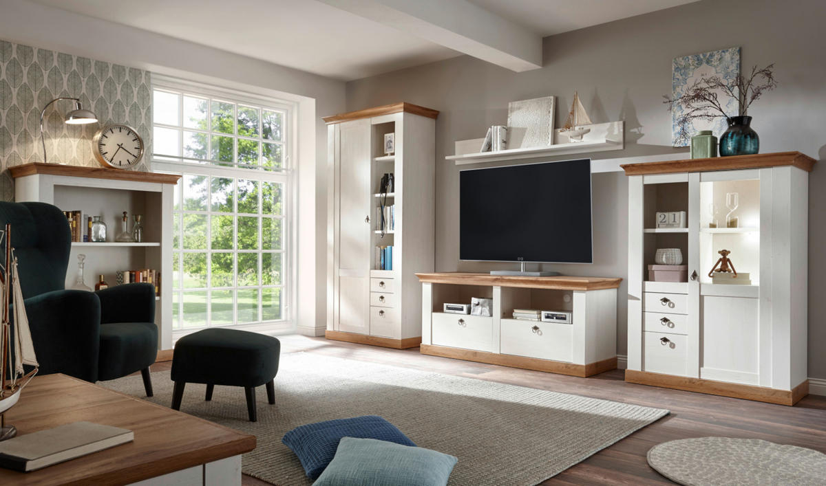 WOHNWAND weiß Pinie, Eiche Landhaus 376 cm 4-teilig, Schrankwand im Landhaus-Stil - Silberfarben/Eiche Wotan, Glas/Holzwerkstoff (376/376/52cm) - Furn.Design