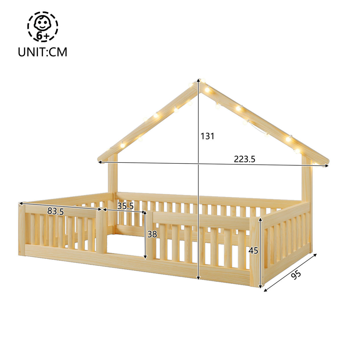 HAUSBETT 90x200 cm in Natur mit Rausfallschutz und LED-Lichterkette - Naturfarben, Holz (90/200cm) - IVMEU