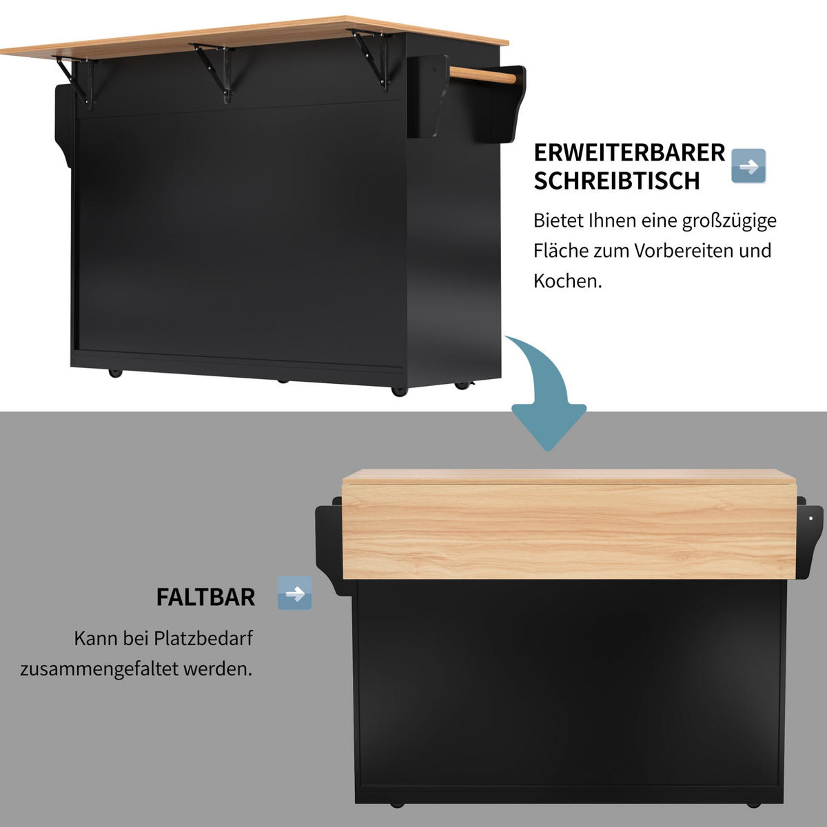 KÜCHENWAGEN 120/46/91,5 cm in Schwarz/Natur mit klappbarer Tischplatte und Rollen - Schwarz, Holzwerkstoff (120/91.5/71cm) - Flora Grace