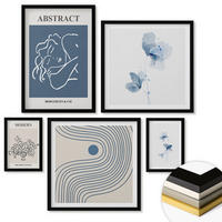 WANDBILDER 5er-Set - 50x50 cm & 20x30 cm & 40x60 cm Schwarzer Rahmen - abstrakte Poster mit Blumenlinien - Schwarz, Kunststoff (40/60cm) - ArtPrintCave