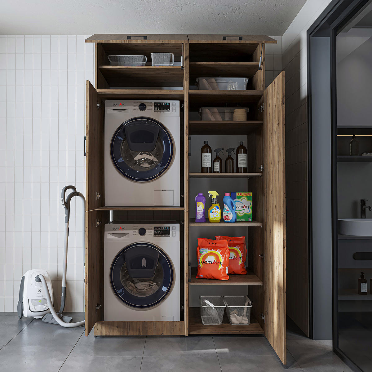 WASCHMASCHINENSCHRANK DORA-II 130cm Breit, 230cm Hoch - Eichefarben, Holzwerkstoff (130/230/73.8cm)