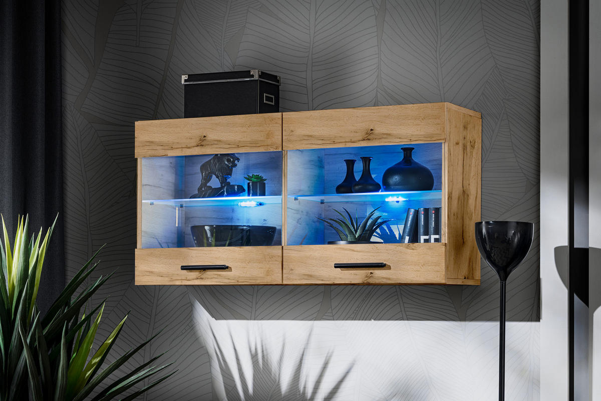 HÄNGEVITRINE SAVONA, Wotan, LED Blau - Eiche Wotan/Schwarz, Glas/Holzwerkstoff (100/50/27.2cm) - Komodee