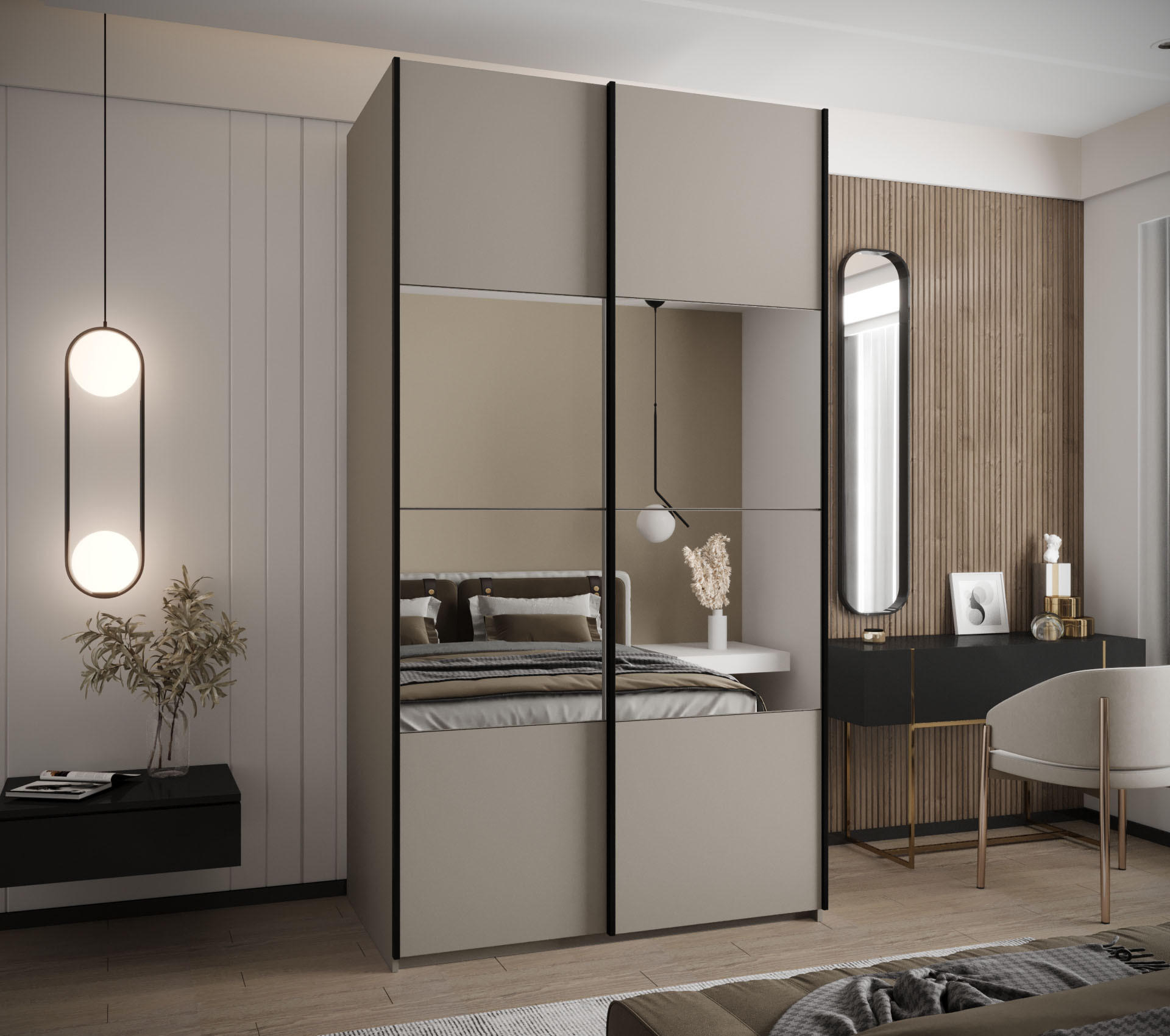 SCHWEBETÜRENSCHRANK 245,5/140/64 2-türig - Kaschmir/Schwarz, Holz/Metall (140/245/64cm) - Abiks Möbel
