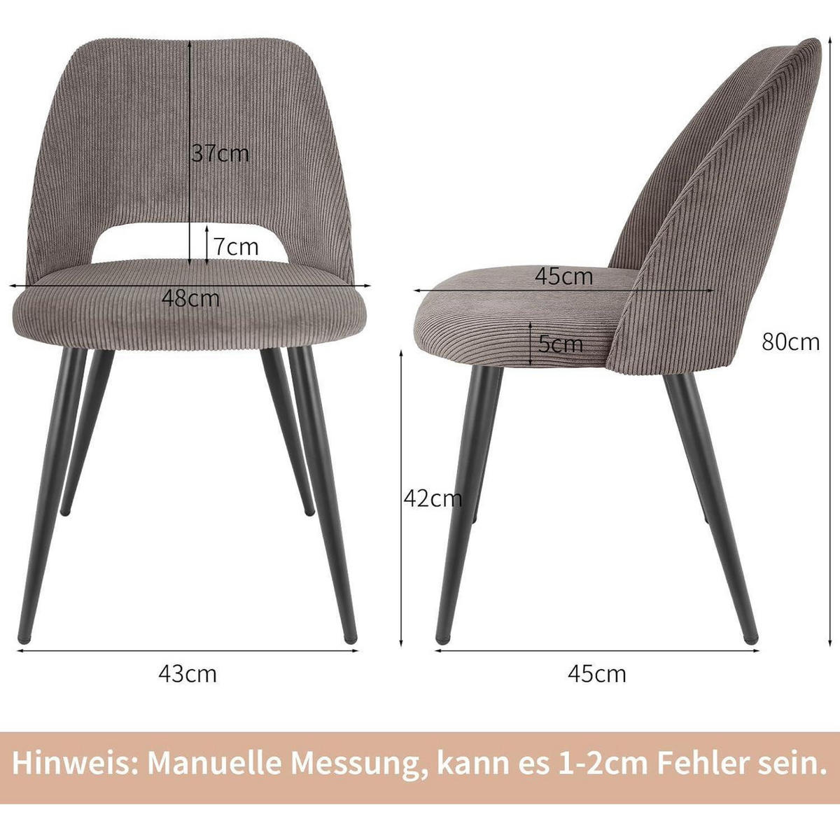 ESSZIMMERSTÜHLE 2er Set Kordsamt Braun - Braun, Textil (48/80/45cm)