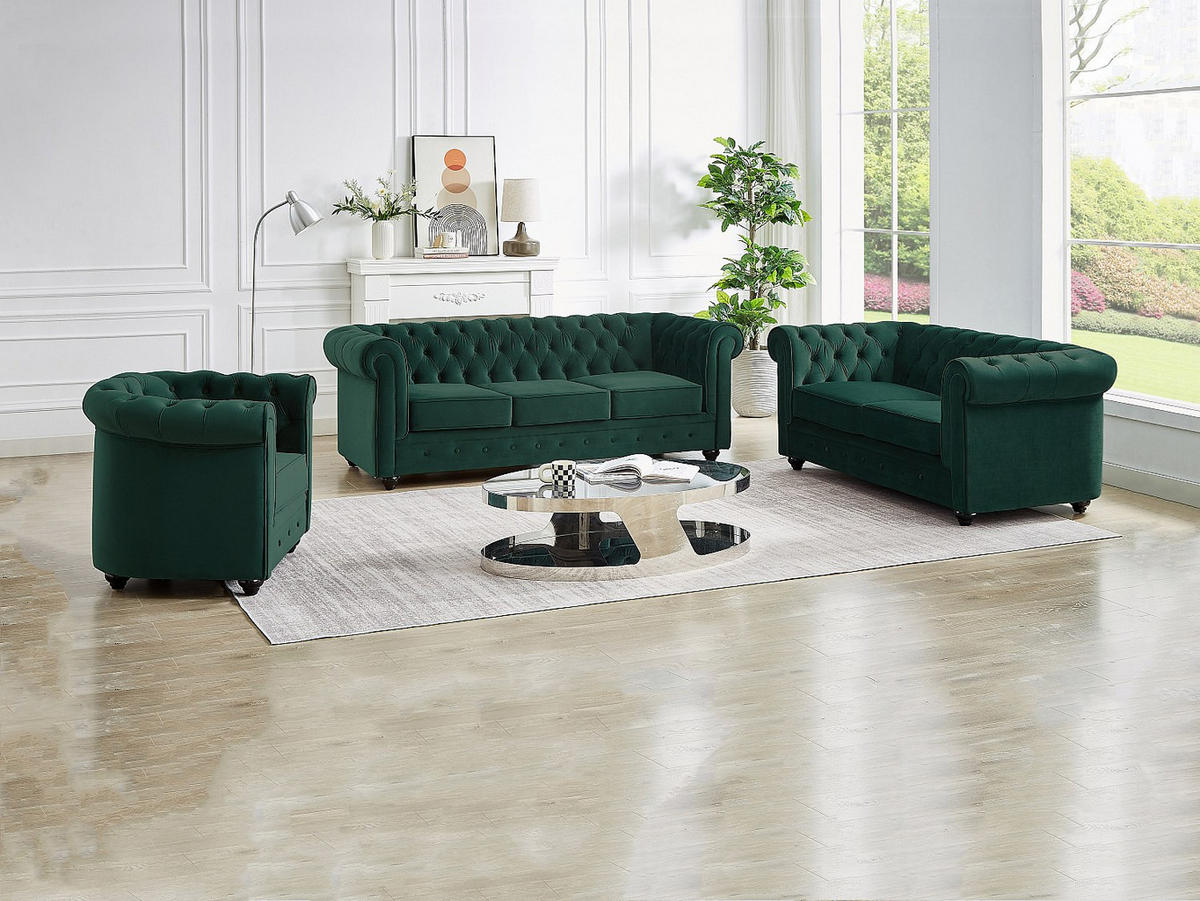 SOFAS 3-Sitzer, 2-Sitzer & Sessel - Samt - Grün - CHESTERFIELD - Grün, Textil (88/72/205cm) - Vente-Unique