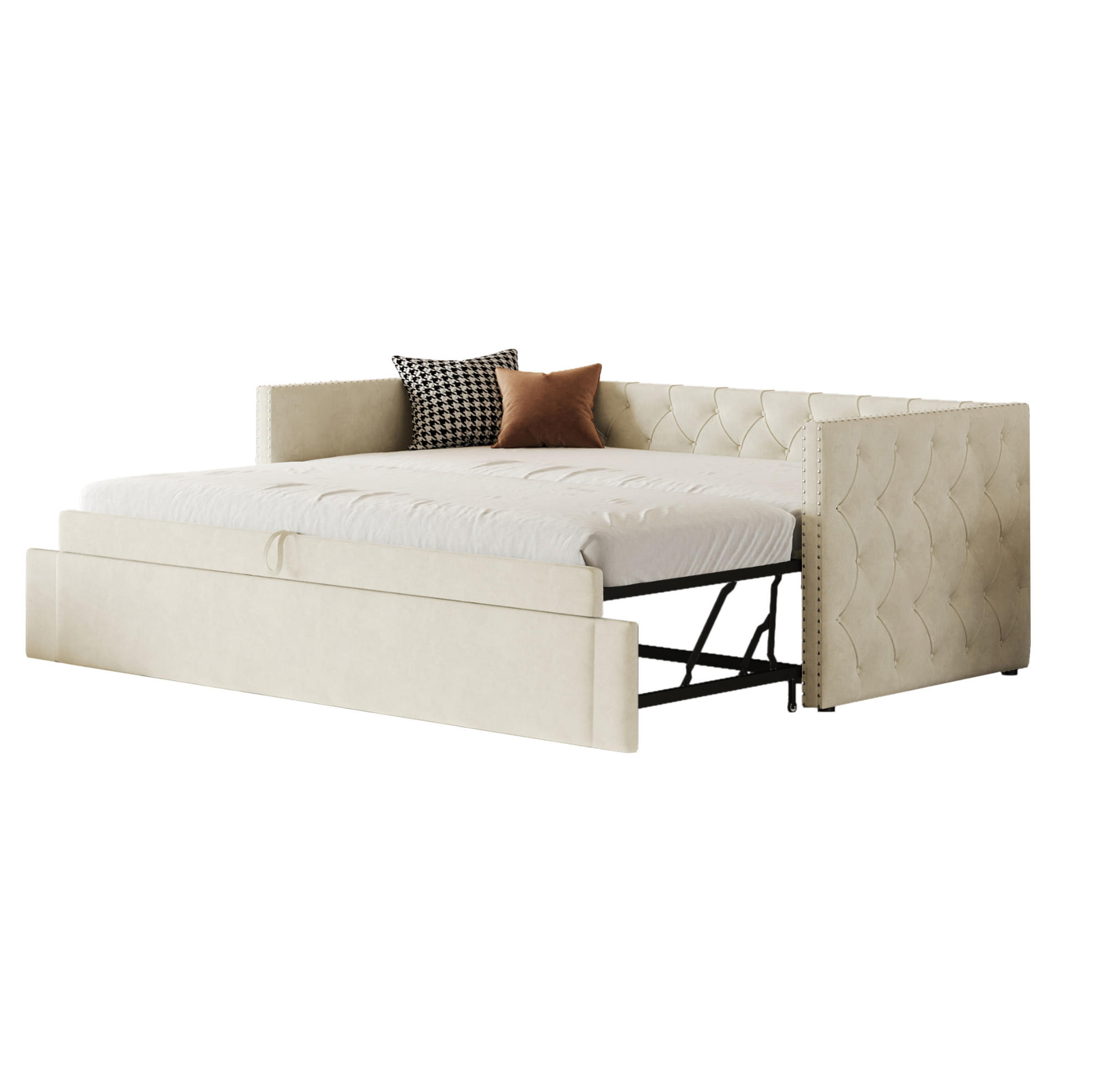 SAMT-POLSTERBETT 90/200 cm Beige inkl. Lattenrost, ausziehbar als Schlafsofa - Beige, Textil (90/200cm) - BEAOK