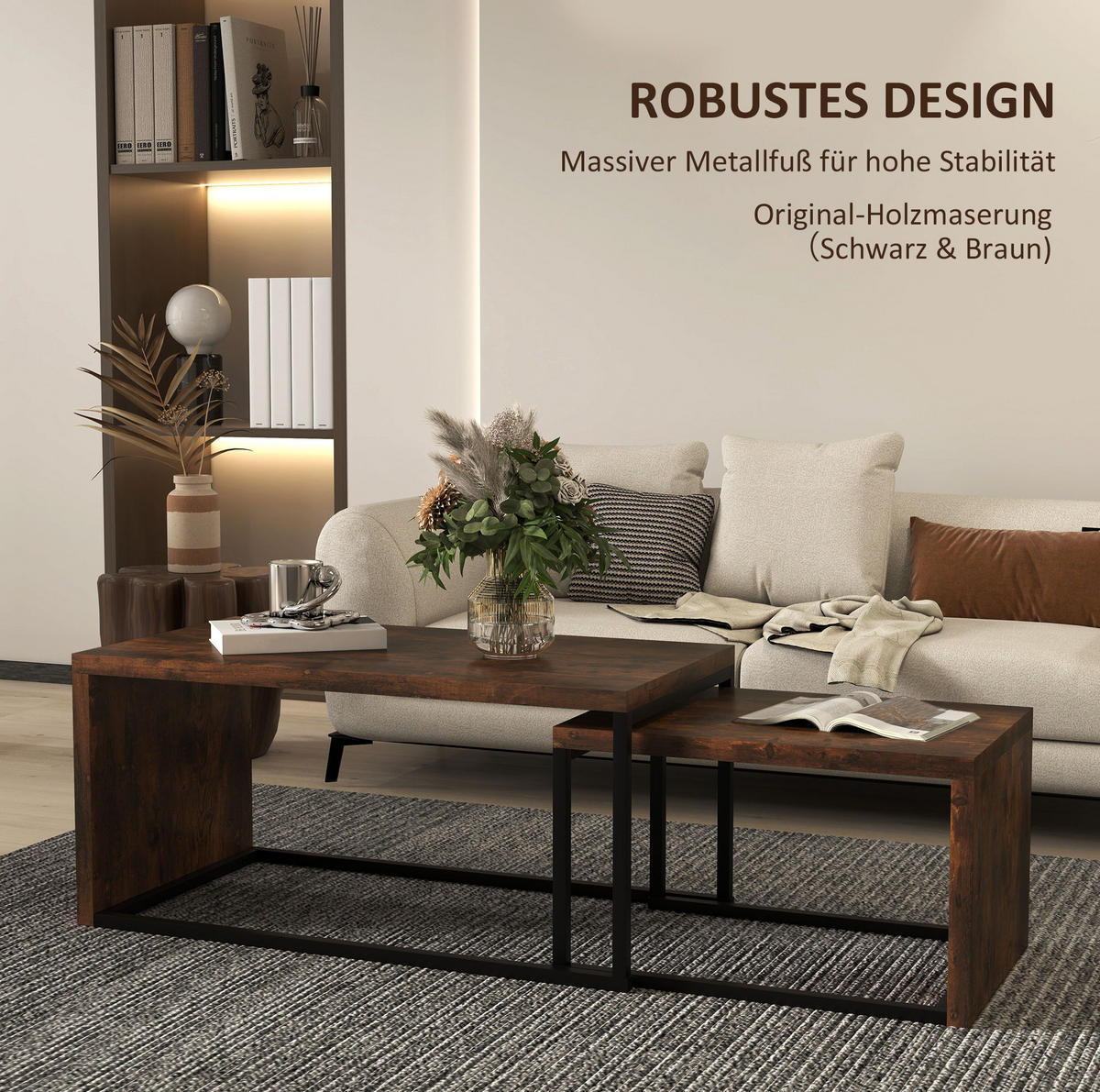 COUCHTISCH-SET 90/48/42 cm, 2 Satztische mit platzsparender Nestfunktion und Metallgestell, Rustikalbraun - Braun, Holzwerkstoff (90/48/42cm) - Redom