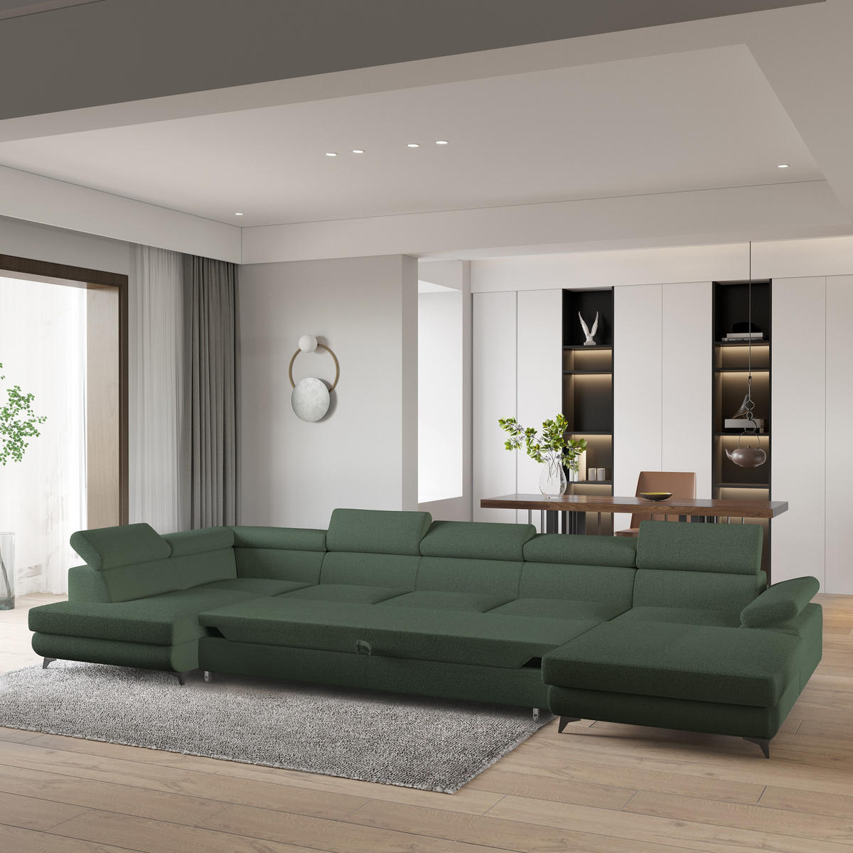 WOHNLANDSCHAFT MONTIVA Grün Boucle-Stoff mit Schlaffunktion - Grün, Holz (410/89/190cm) - MASSENO