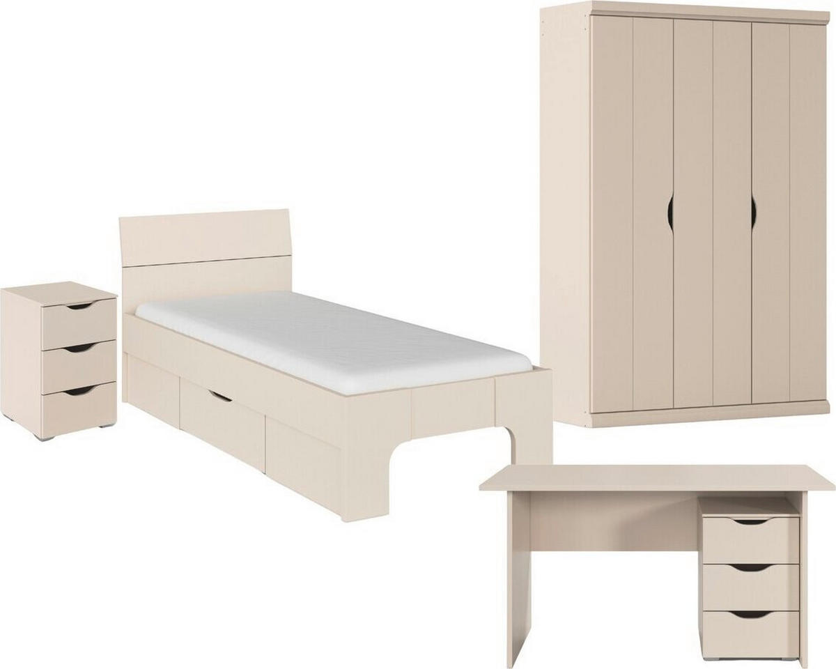 JUGENDZIMMER Frieda in Beige 5-teilig mit 3 türigem Kleiderschrank ohne Schubkästen, 90er Jugendbett, Nachttisch, Schreibtisch mit Container - Beige, Holzwerkstoff (80/200/120cm)