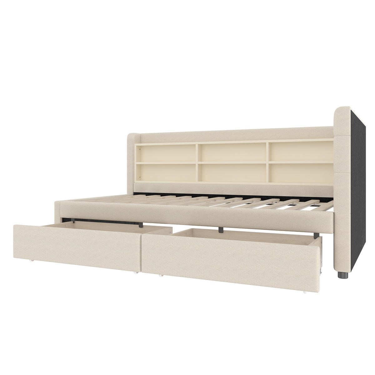 TAGEBETT 90x200cm Beige Leinen 2 Schubladen USB-C Ablagefächer - Beige, Holz (90/200cm) - FLIEKS