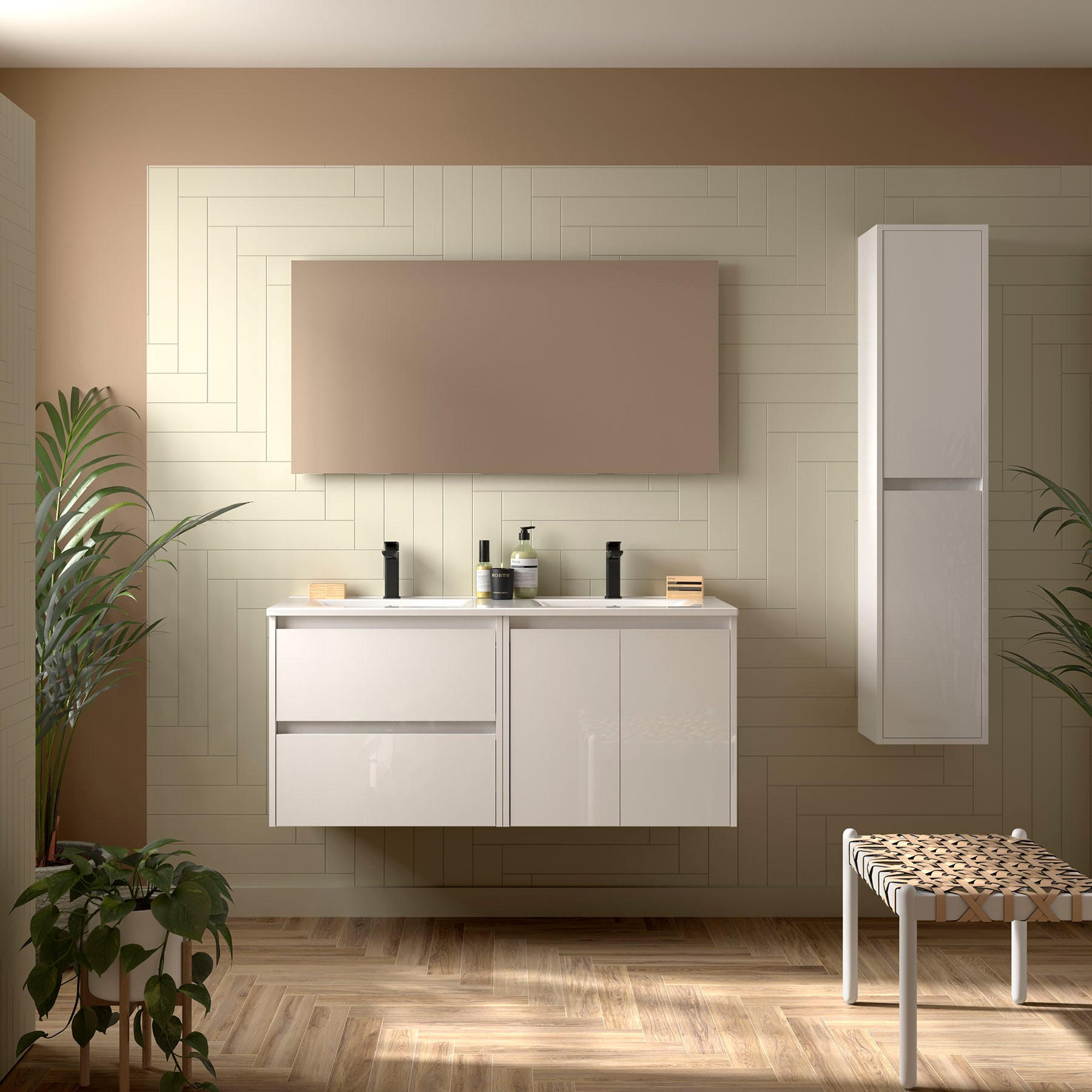 BADEZIMMERMÖBEL NOJA 1200 2 Türen und 2 Schubladen WHITE GLOSS + Waschtisch + Spiegel - Weiß Hochglanz/Schwarz, Metall (45/54/120cm) - Salgar