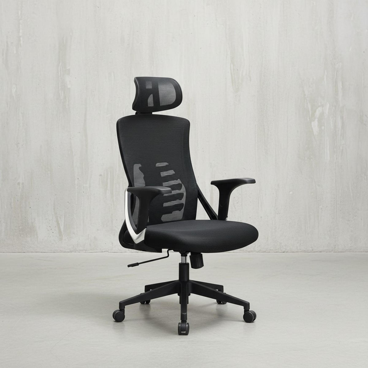 BÜRODREHSTUHL Schwarz Mesh mit Wippmechanik, Kopfstütze und 4-fach Lordosenstütze ASTRA - Schwarz, Kunststoff/Textil (65/123/65cm) - KADIMA DESIGN