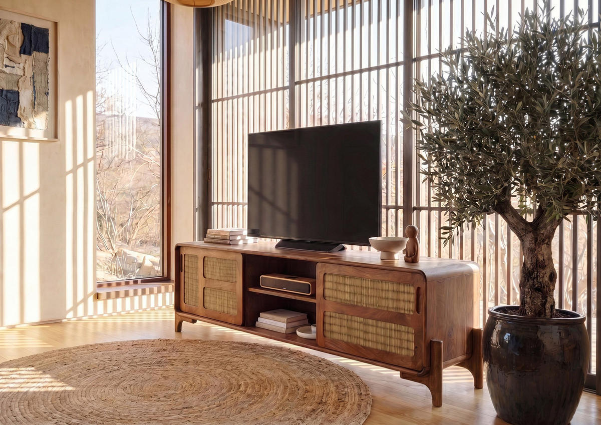TV-BOARD Mango/Seegras 180x40x50 hellbraun lackiert MIZUMI #106 - Braun, Holz (180/50/40cm) - Massivmoebel24