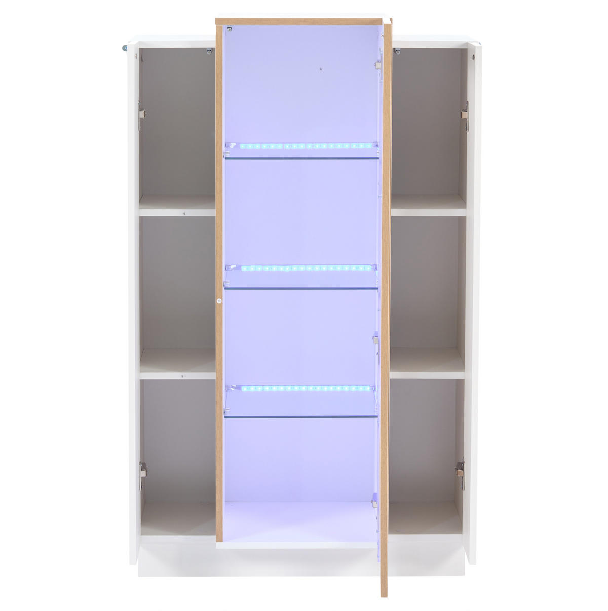 VITRINE 74/40/120 cm in Weiß/Natur mit 3 Türen und LED-Beleuchtung - Weiß, Holzwerkstoff (74/120/40cm) - Flora Grace