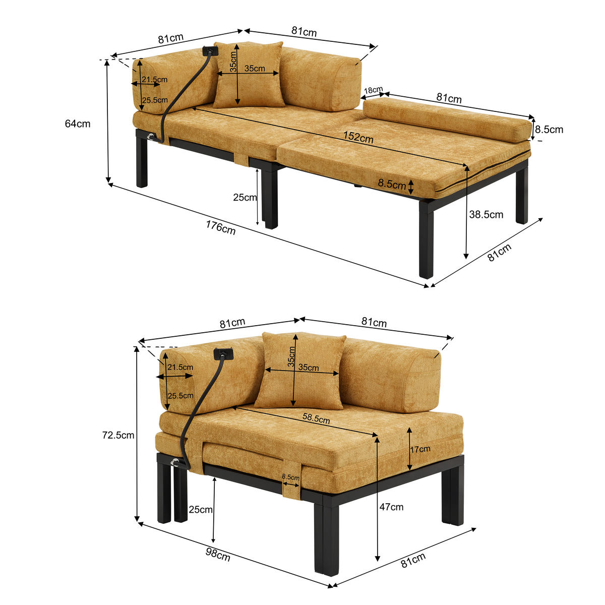 SCHLAFSOFA DE-35084 Gelb - Gelb, Holz (81/64/176cm) - ComfortXL