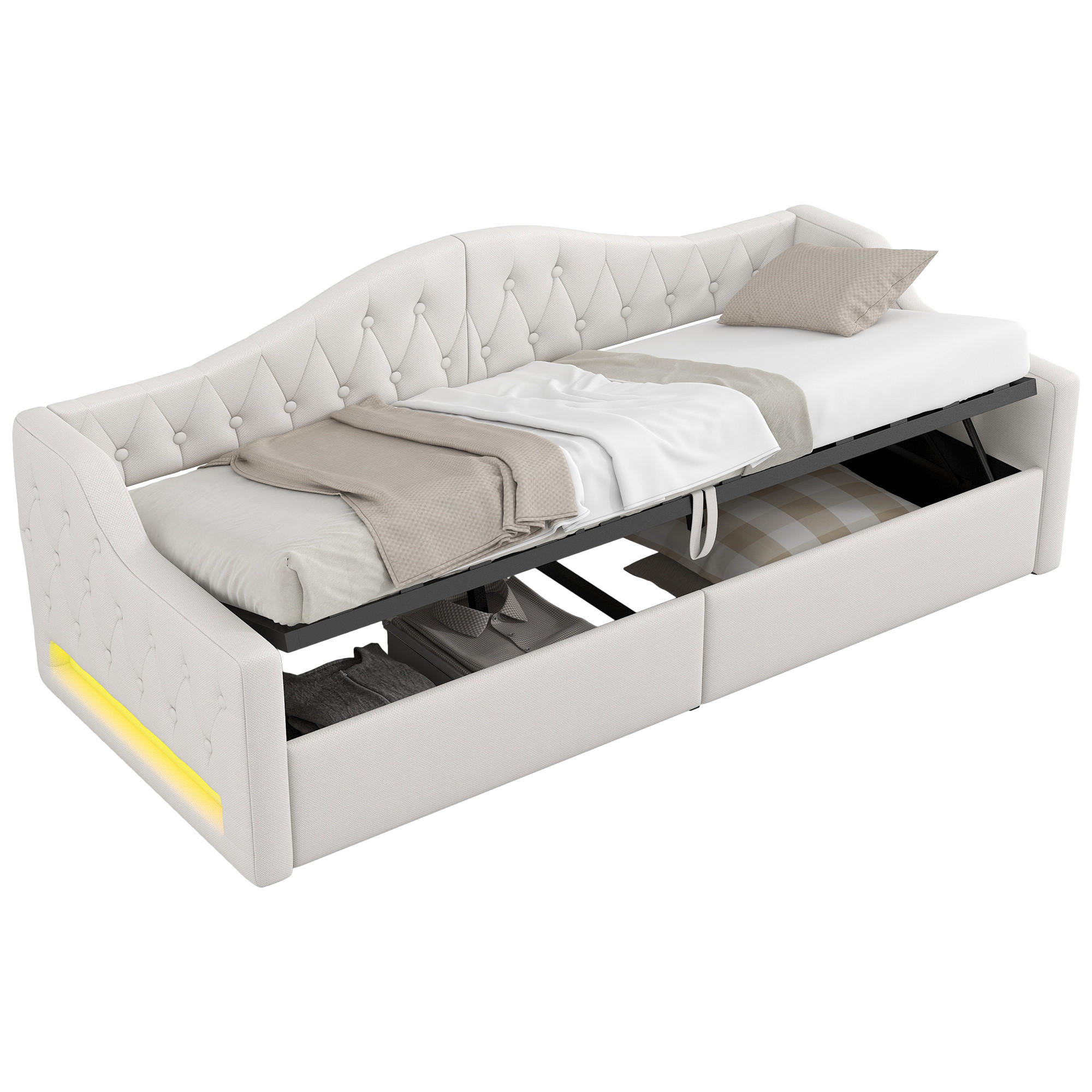 POLSTERBETT 90/200 cm Beige mit LED-Beleuchtung und Stauraum aus Leinen - Beige, Holzwerkstoff (90/200cm) - OKWISH