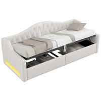 POLSTERBETT 90/200 cm Beige mit LED-Beleuchtung und Stauraum aus Leinen - Beige, Holzwerkstoff (90/200cm) - OKWISH