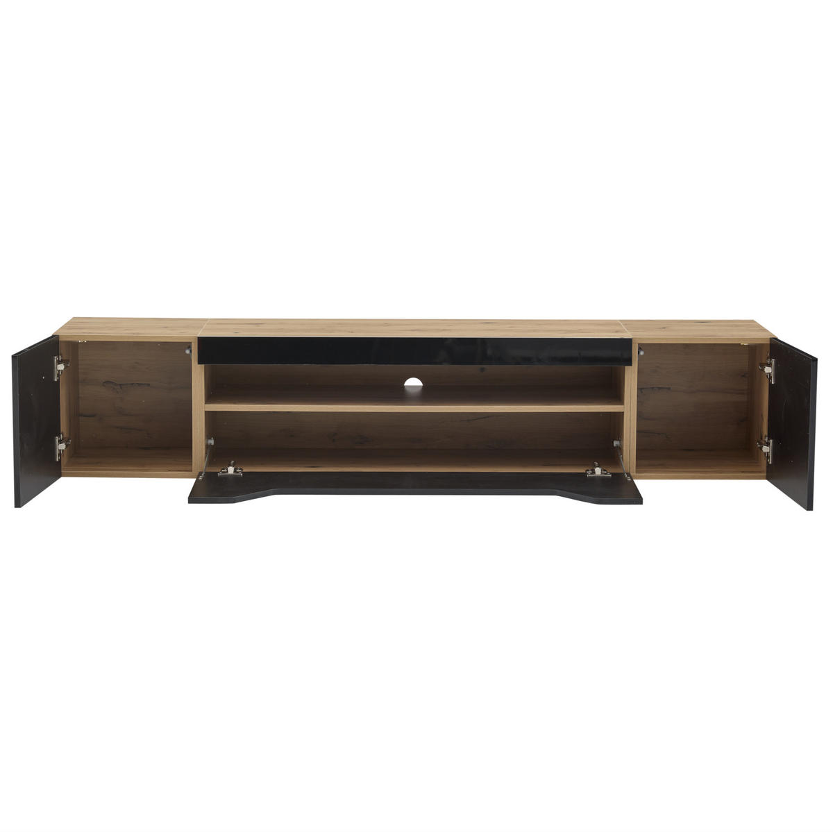 TV-LOWBOARD aus Spanplatte 180x37x36 cm Schwarz/Natur mit LED-Beleuchtung, wandmontiert und Hochglanzfront - Schwarz, Holzwerkstoff (180/36/37cm) - Modfu