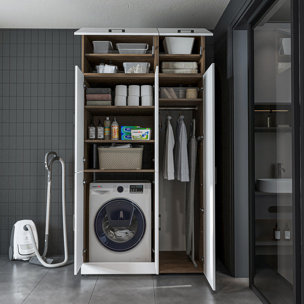 WASCHMASCHINENSCHRANK DORA-II 115cm Breit, 230cm Hoch - Eiche Bianco, Holzwerkstoff (115/230/73.8cm)