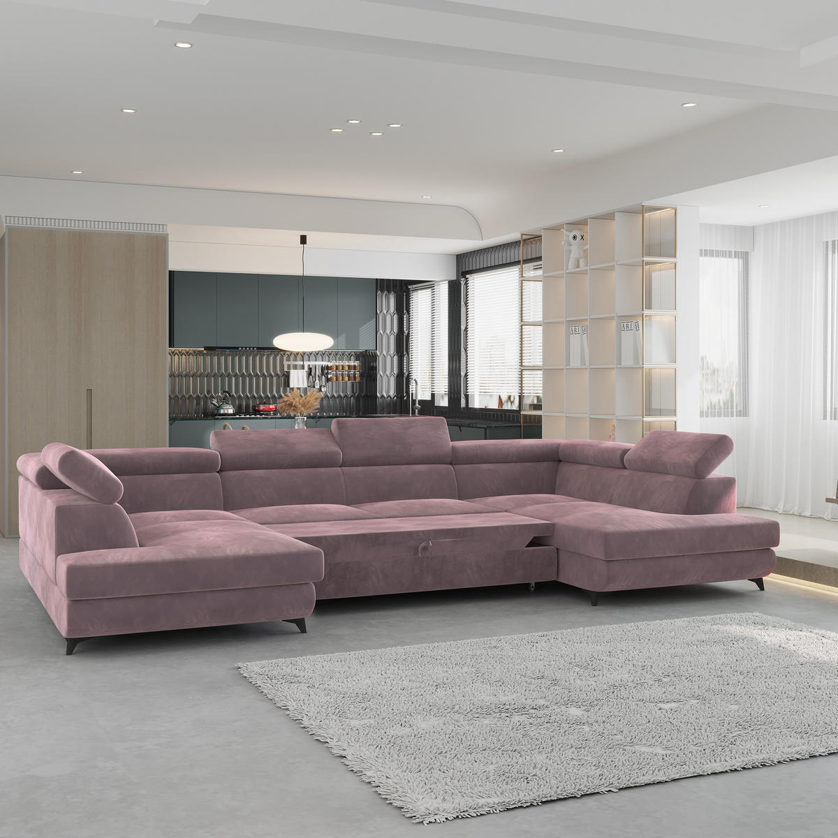 WOHNLANDSCHAFT VINTESSA Lila Velours-Stoff mit Schlaffunktion - Lila, Holz (323/89/190cm) - MASSENO