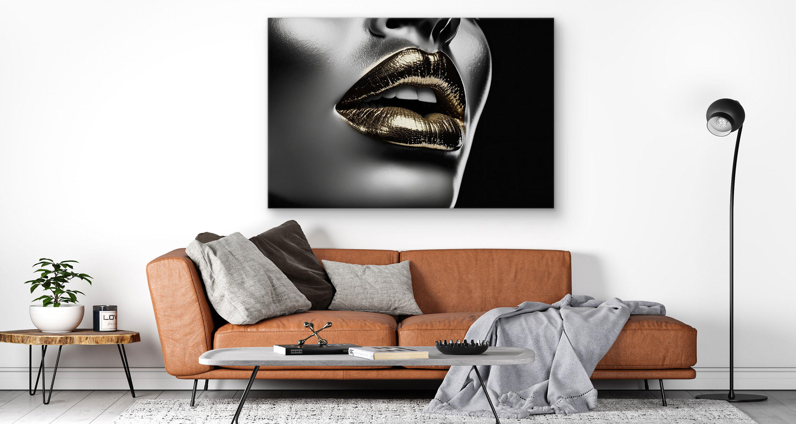 LEINWANDBILD Abstraktion Lippen Gesicht Glamour 100x70 - Beige/Schwarz, Textil (100/70cm) - Muralo