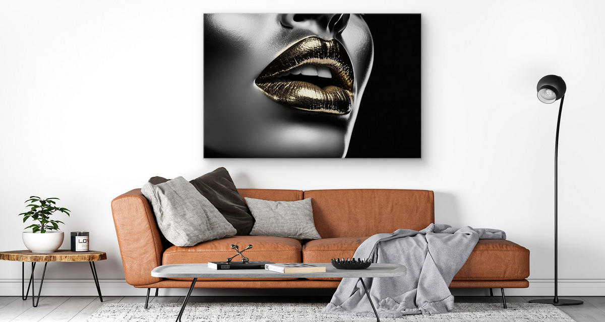LEINWANDBILD Abstraktion Lippen Gesicht Glamour 120x80 - Beige/Schwarz, Textil (120/80cm) - Muralo