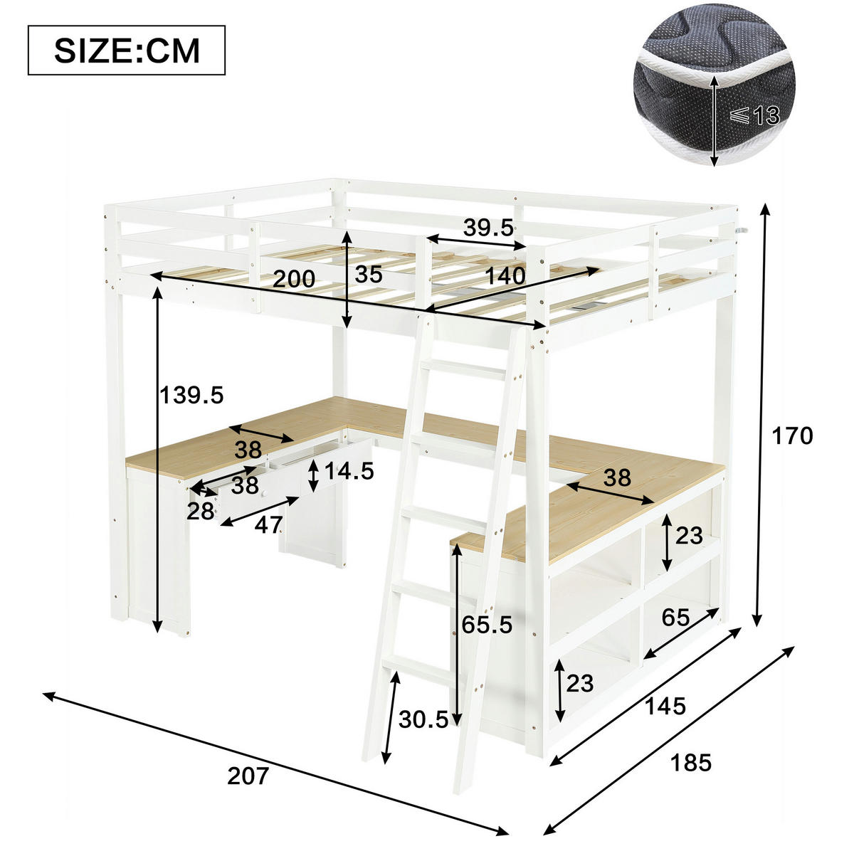 GORNJI krevet od borovine i MDF-a 140x200 cm bijela/prirodna s U-stolom, 2 ladice, policom i kosim ljestvama - bijela, drvni materijal (140/200cm) - Modfu