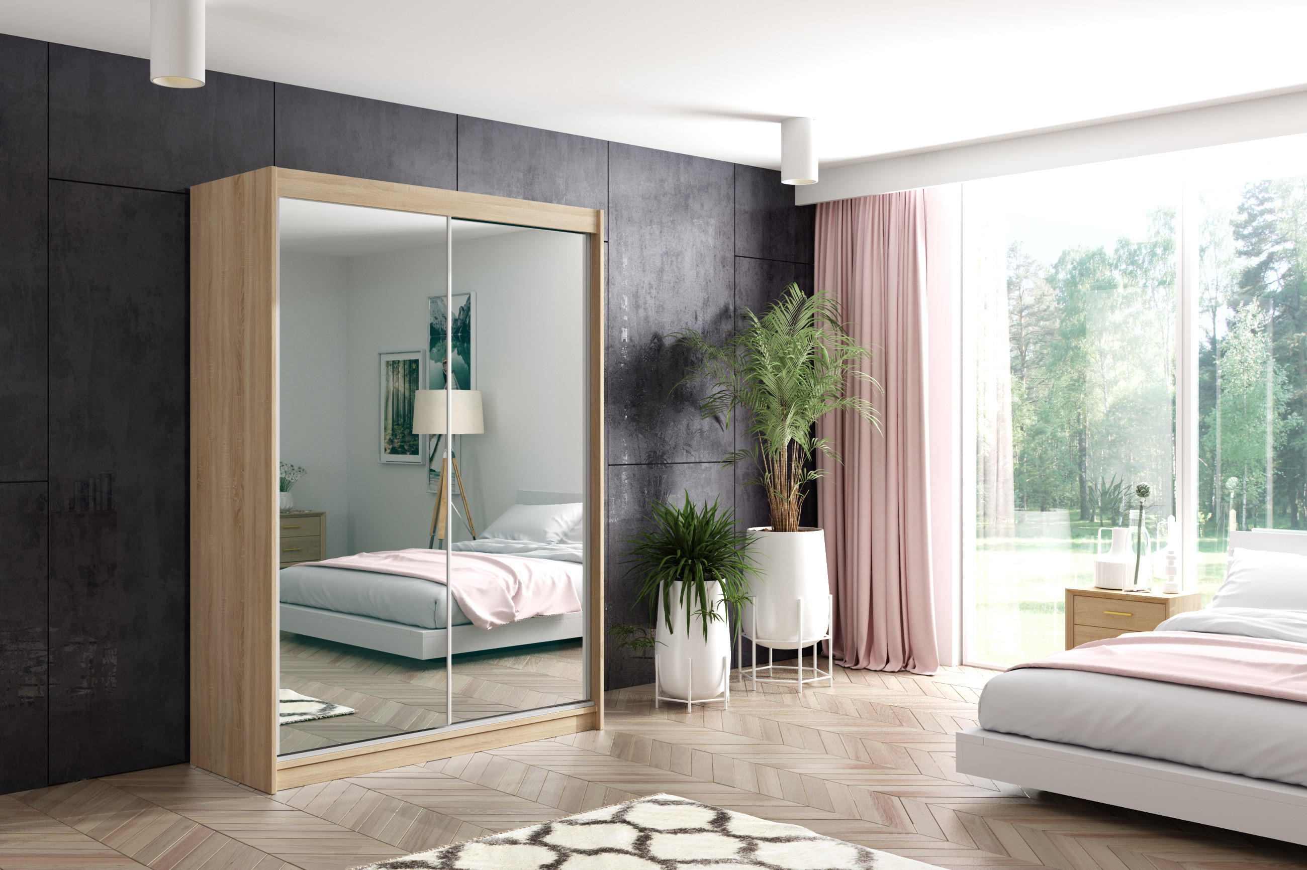 KLEIDERSCHRANK mit Spiegel-Schiebetüren und Aluminium-Leisten - DEBI - 120 cm Sonoma - Sonoma Eiche, Holzwerkstoff (120/216/61cm) - ALTDECOR