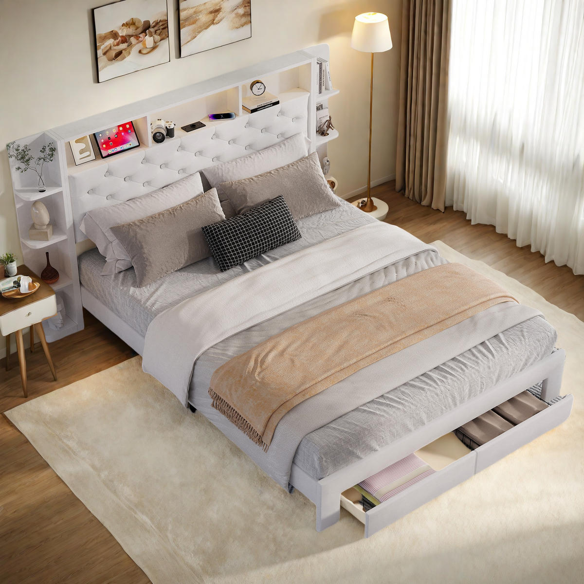 POLSTERBETT 140x200 cm LED USB 2 Schubladen Stauraum Samt weiß - Weiß, Holz (140/200cm) - LEBENLANG