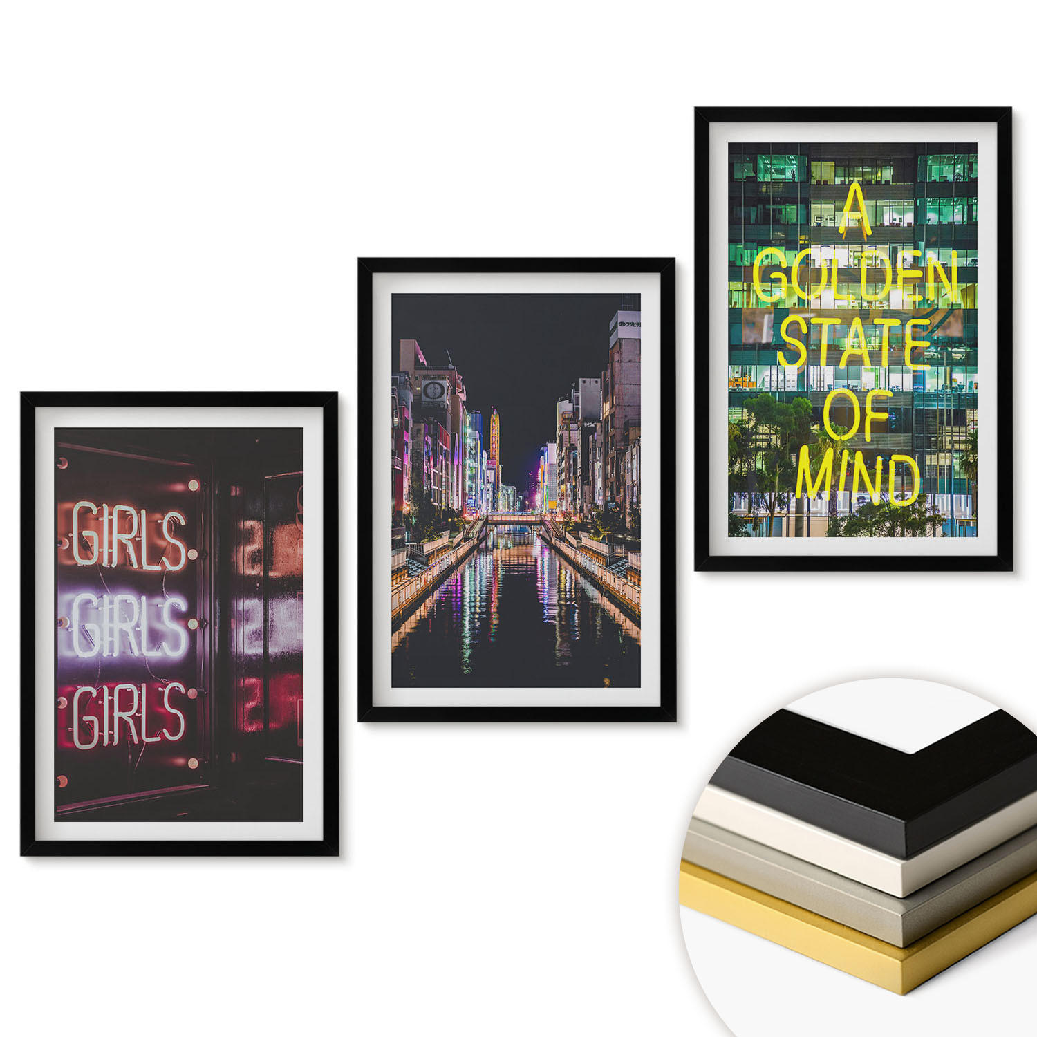 WANDBILDER 3er-Set - 40x60 cm Schwarzer Rahmen - Neonlichter am Fluss bei Nacht - Schwarz, Kunststoff (40/60cm) - ArtPrintCave