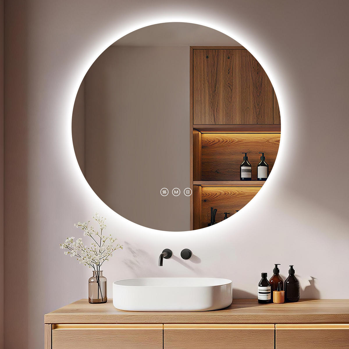 BADSPIEGEL MIT BELEUCHTUNG 80 cm Rund mit dimmbarer LED-Beleuchtung und Antibeschlag - Transparent, Glas (80/80/3.5cm) - S'AFIELINA