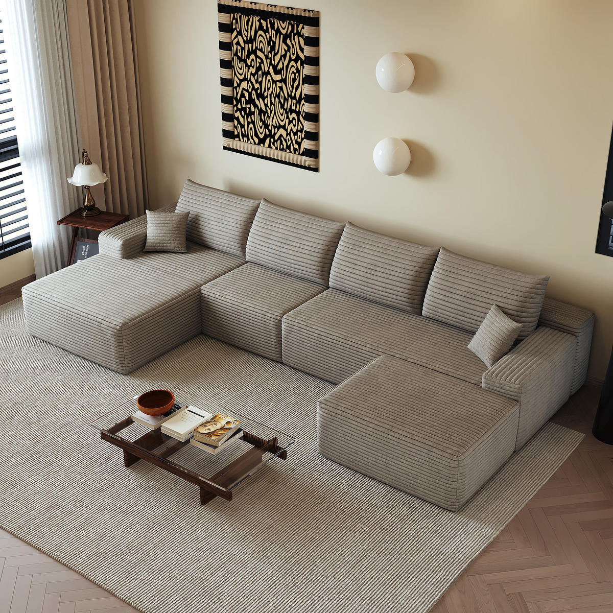 WOHNLANDSCHAFT DE-34857 U-Form 3-Sitzer Chaiselongue links Camel - Sandfarben, Textil (175/83/270cm) - ComfortXL