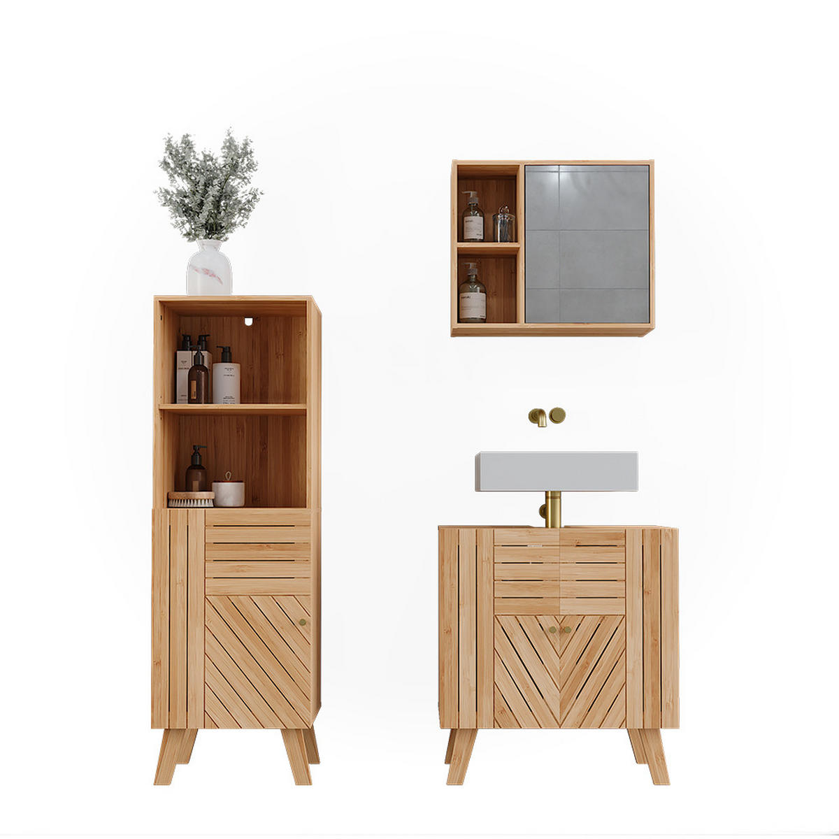 BADMÖBEL-SET Lucie Bambus 3 Teile, mit Midischrank - Grün, Holzwerkstoff (60/65/36cm) - Vicco