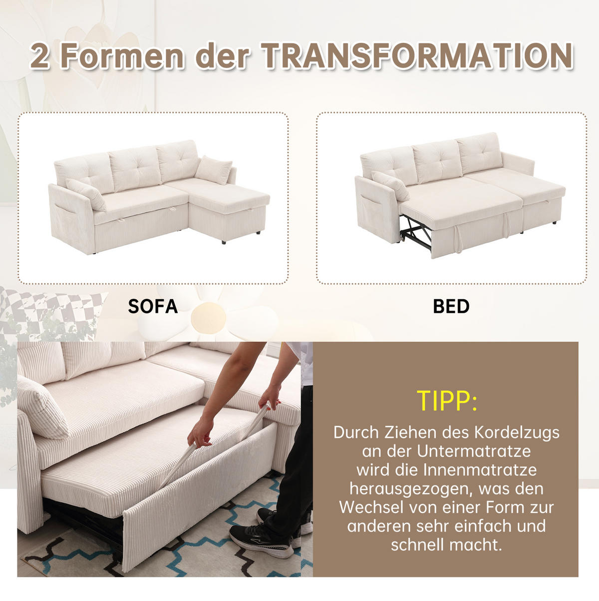 ECKSCHLAFSOFA Cord mit Stauraum und umbaubarer Ottomane Beige 206/108/66 cm - Beige, Textil (108/206cm) - Redom