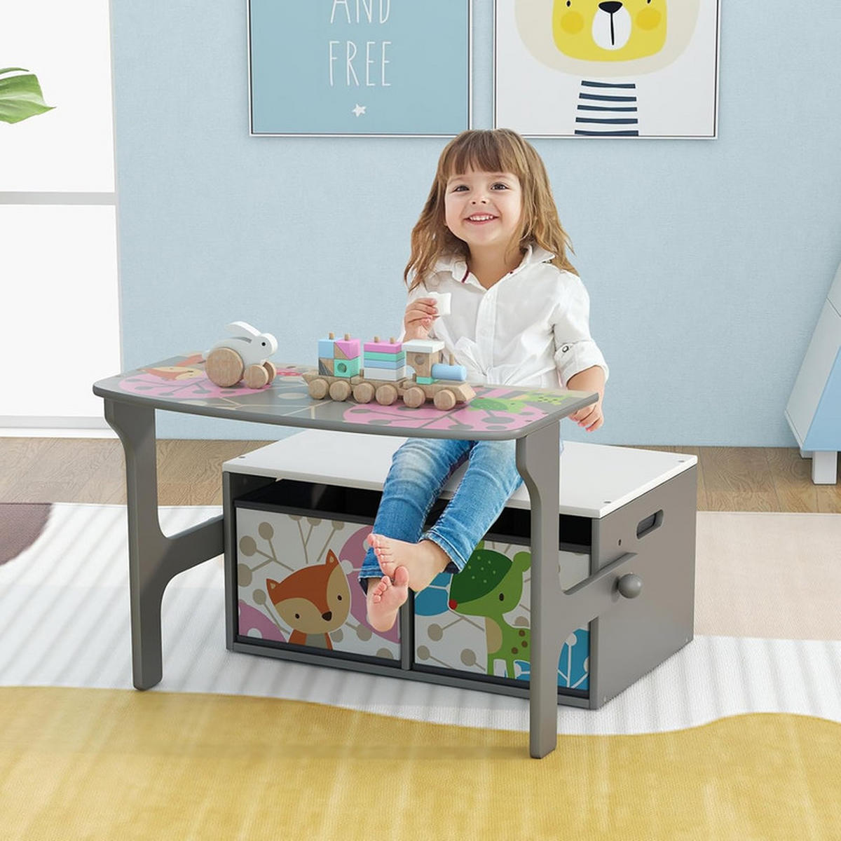 KINDERSITZBANK 3-in-1 Tisch-Sitzbank-Set grau - Grau, Holzwerkstoff (60/57/42cm) - COSTWAY
