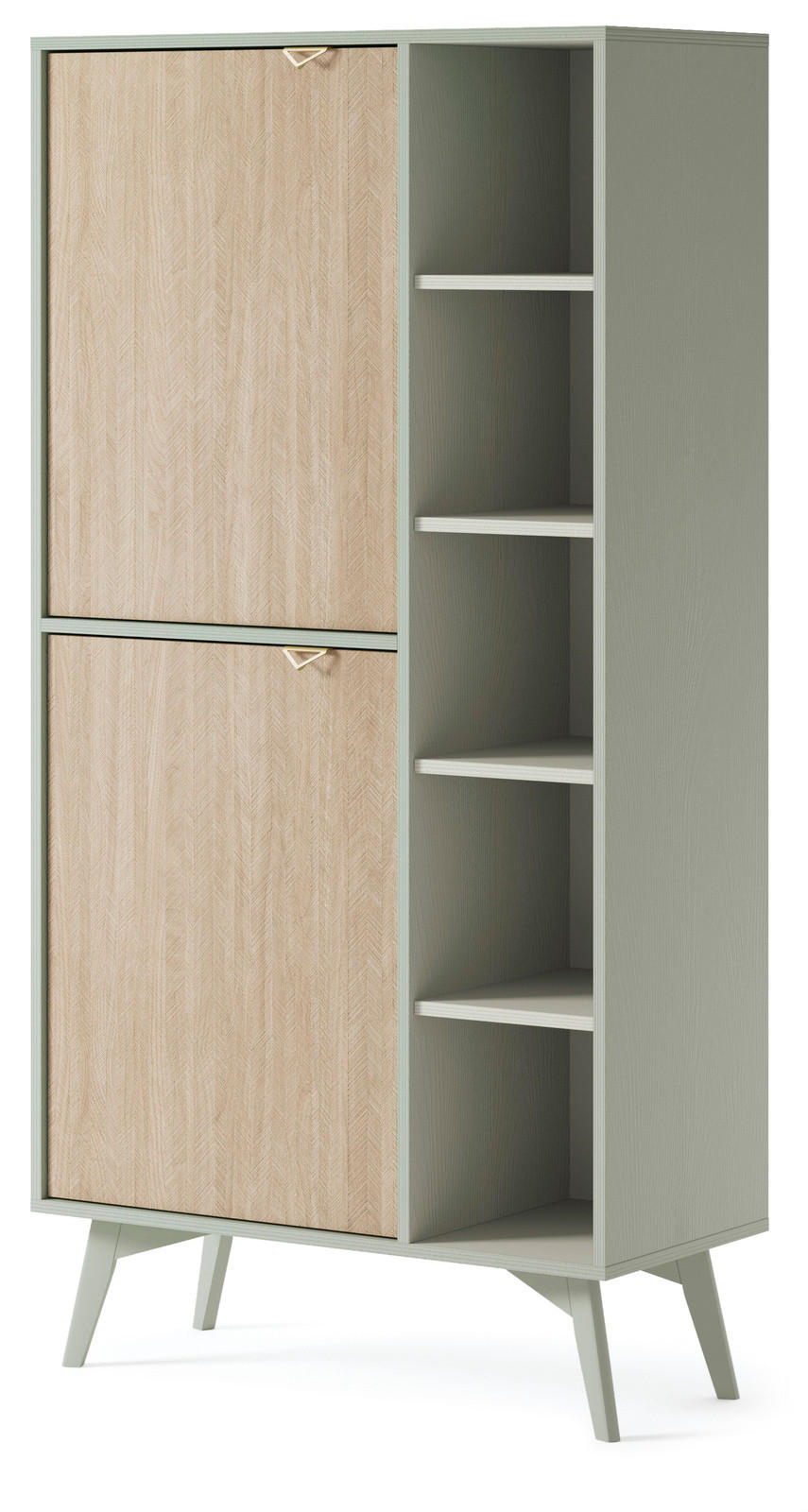 HIGHBOARD Silva 80 cm in Eukalyptus + Scandi-Fischgrätmuster mit Türen und Regalen - Goldfarben/Grün, Holz/Holzwerkstoff (80/160/38cm) - Ravio