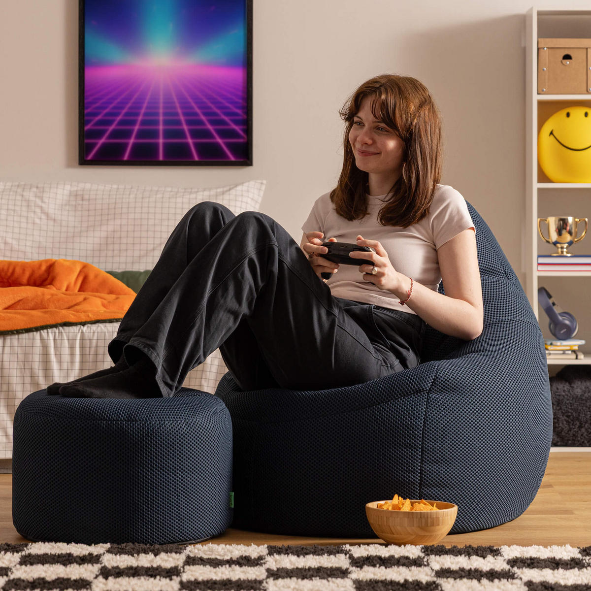 SITZSACK mit Hocker Techmesh Gaming - Dunkelblau, Textil (90/73/84cm) - icon