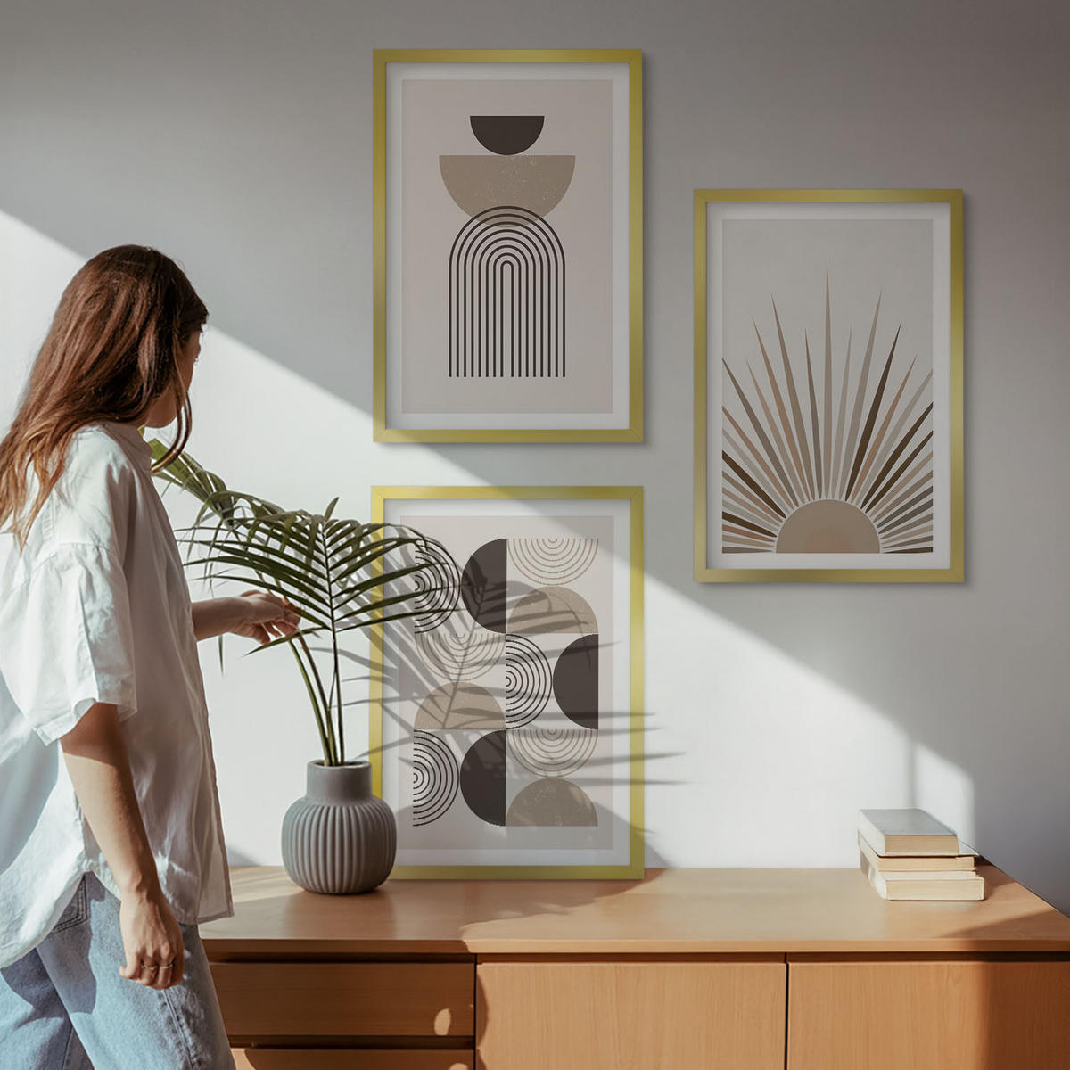 BILDER SET 3er Set - 40x60 cm Goldrahmen - Abstrakte Formen beige braun - Goldfarben, Kunststoff (40/60cm) - TULUP