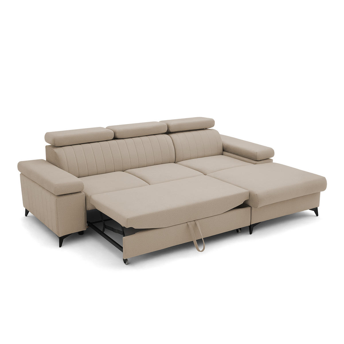 ECKSOFA FELIX L Rechts mit Schlaffunktion Velours Beige - Beige/Schwarz, Holz/Textil (176/257cm) - Muffo