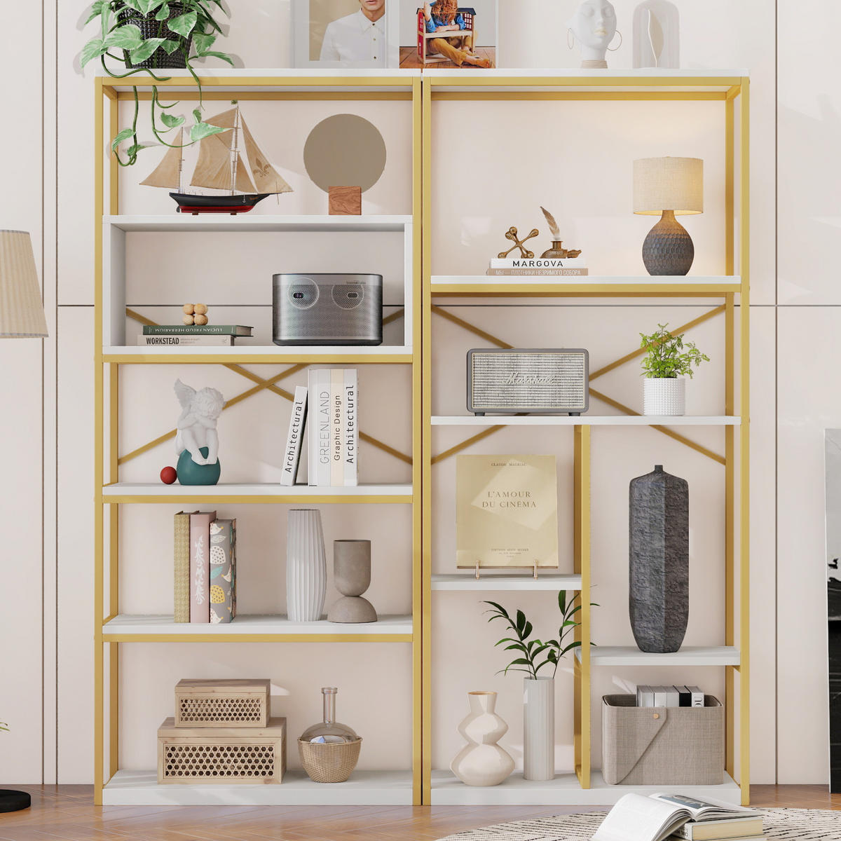 BÜCHERREGAL in Gold und Weiß Regal aus Stahlrohren und MDF mit Stauraumfächern für Wohnzimmer, B160/T29.5/H180 cm - Goldfarben, Holzwerkstoff/Metall (160/180/39.5cm) - STILVORA