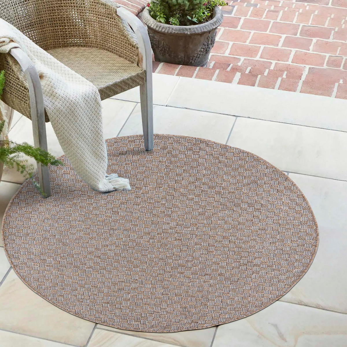 TEPPICH Braun In-Outdoor Geometrisch, Einfarbig - Rund,Kurzflor,Modern,Minimalistisch - 150 x 150 cm - Creme/Braun, Textil (150/150cm) - Mazovia