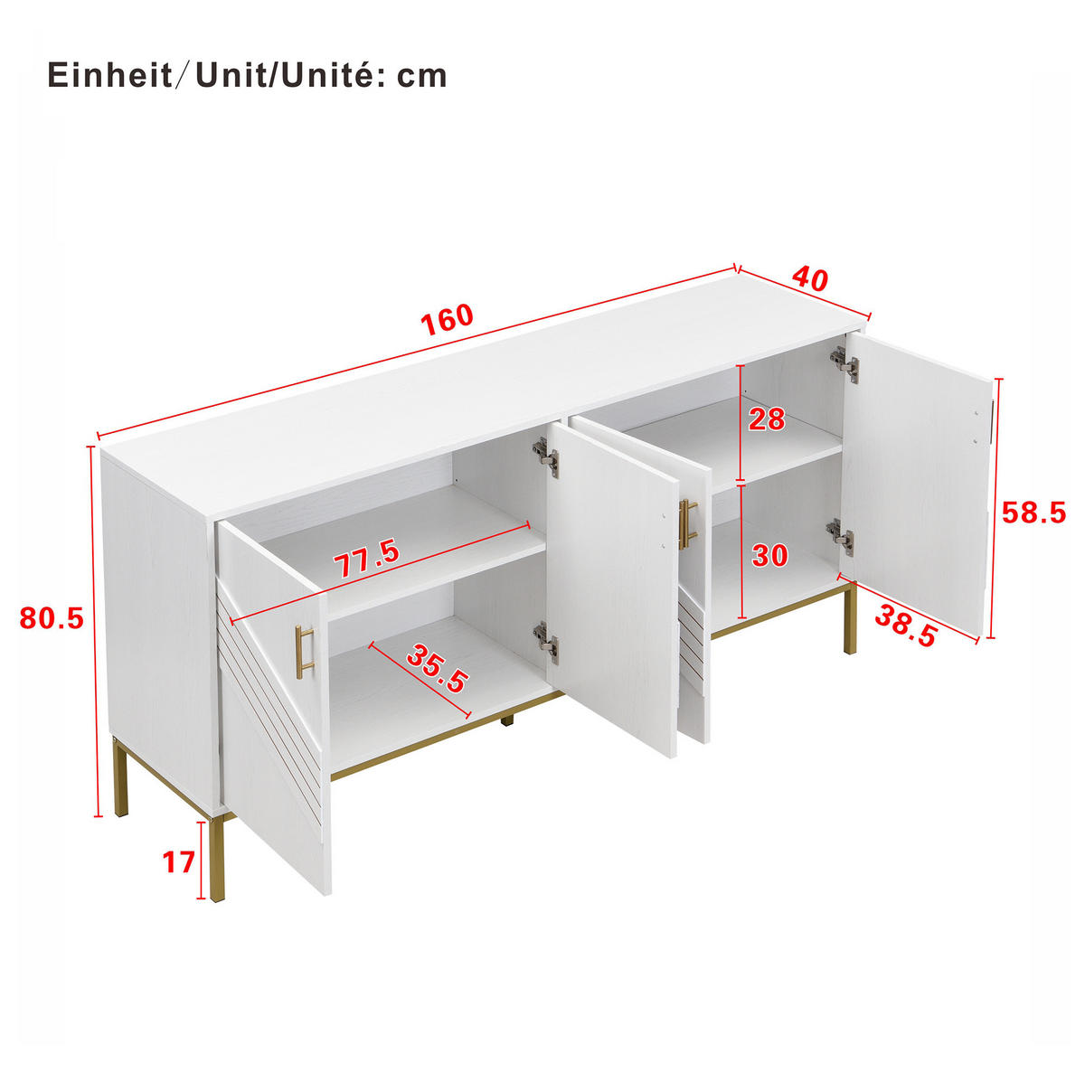 SIDEBOARD 160/40/80,5 cm Weiß/Holz aus MDF mit 4 Türen - Weiß, Holzwerkstoff (160/80.5/40cm) - OKWISH