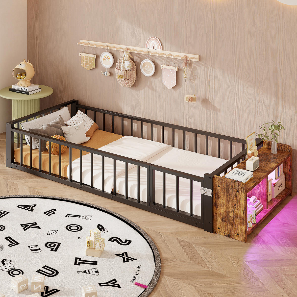 METALLBETT 90x200 cm LED Schubladen schwarz - Schwarz, Holzwerkstoff (90/200cm) - LEBENLANG
