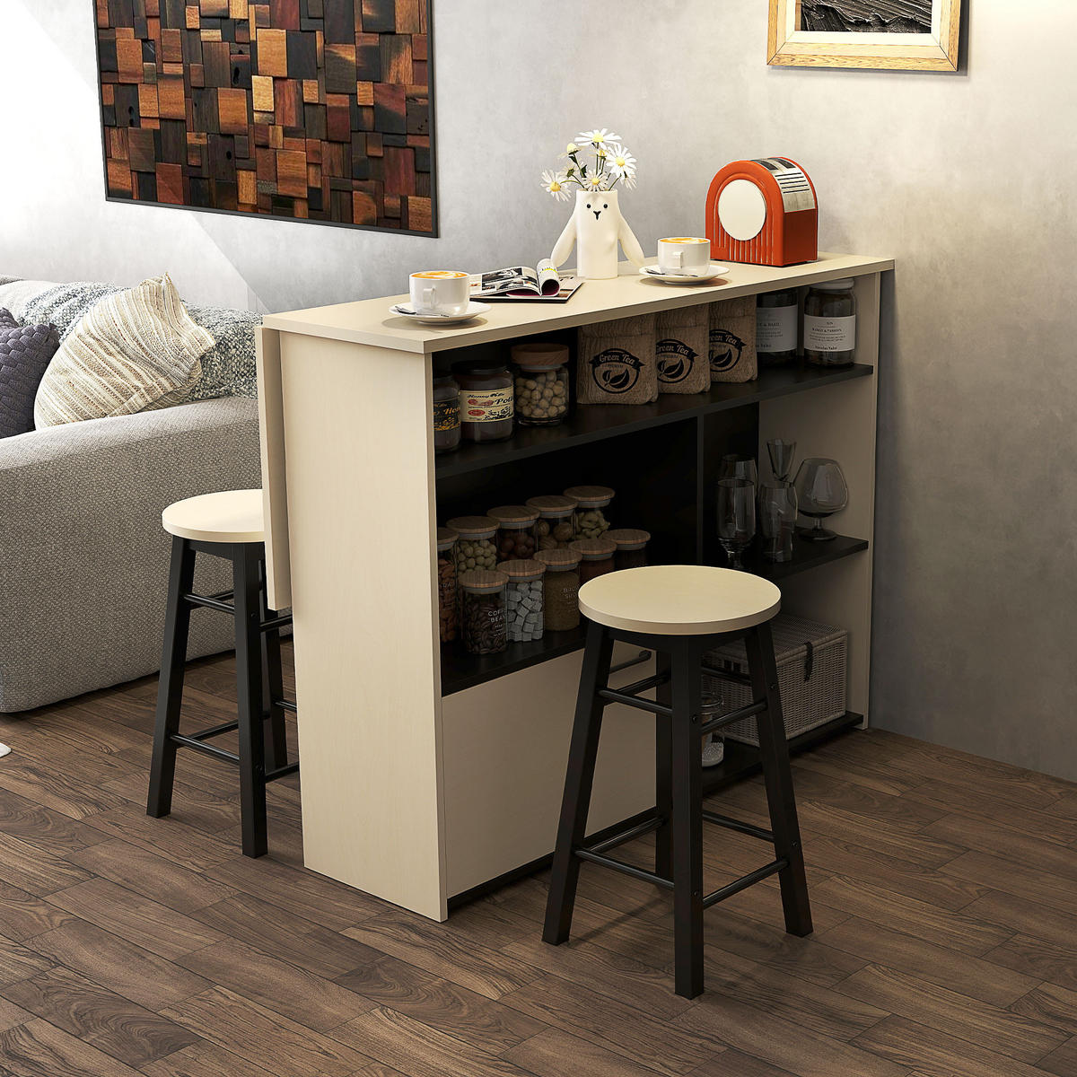 BARTISCH mit Barhocker Set, 3-teiliges Bartisch Set mit Klappbarer Tischplatte - Multicolor, Holz (70/89.5/116cm) - HOMCOM
