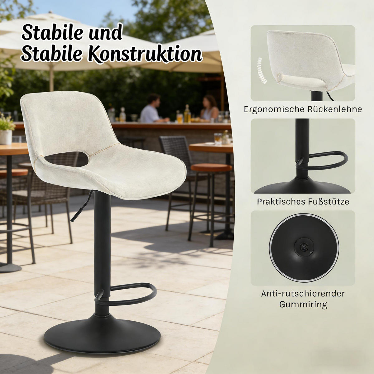 BARHOCKER 2er-Set Beige Drehbar Höhenverstellbar mit Leinen & Rückenlehne - Beige, Metall (49/106/49cm) - PANGIVO